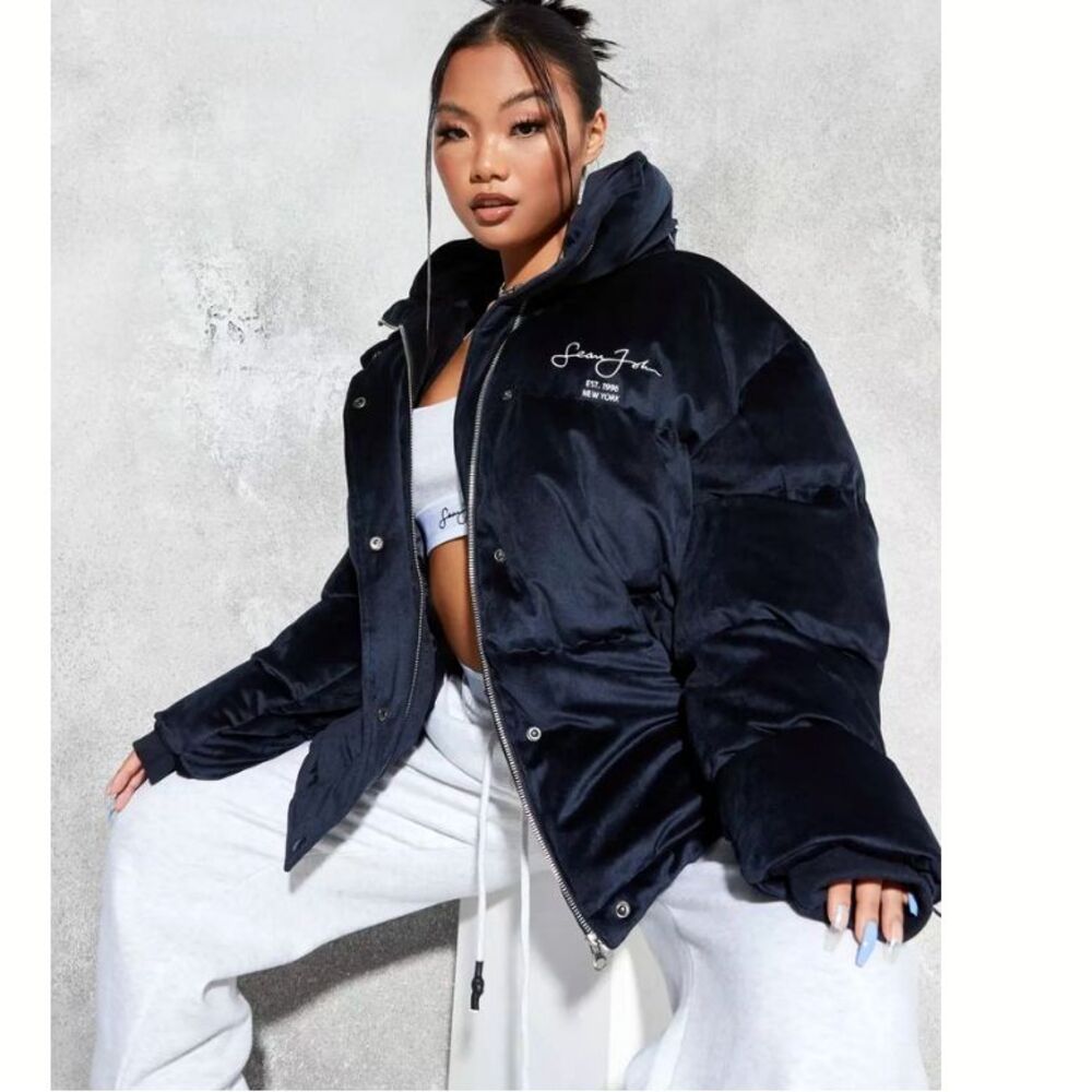 Sean John X Missguided Puffer Jacket Womens 2 US Navy Blue Velour Oversized Y2K - Picture 4 of 16